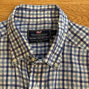 Vineyard Vines Shirt Mens Large Blue 100% Linen Classic Fit Tucker Gingham Plaid